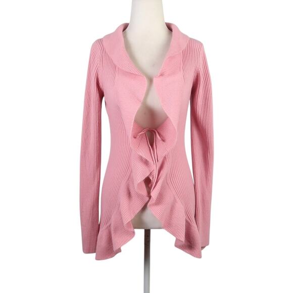 Energie Sweaters - Vintage 90s Energie pink ribbed knit ruffle trim cardigan sweater M